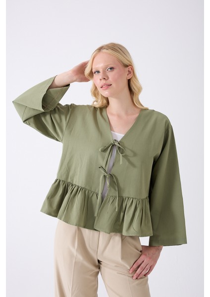 Önü Baglamalı Haki Fırfırlı Kimono modelleri