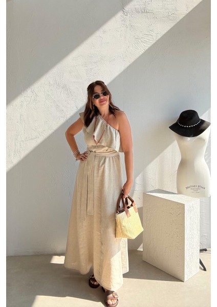 Bej Volanlı Ham Keten Elbise