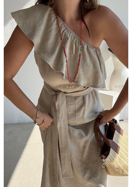Bej Volanlı Ham Keten Elbise fiyatları