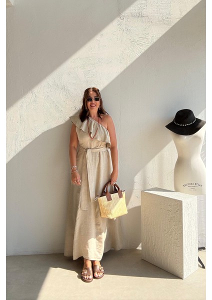 Bej Volanlı Ham Keten Elbise modelleri