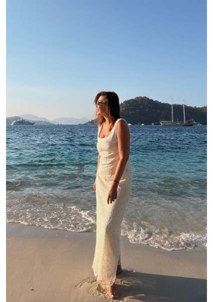 Ekru Dantelli Kolsuz Elbise fiyatları