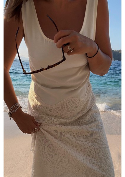 Ekru Dantelli Kolsuz Elbise modelleri