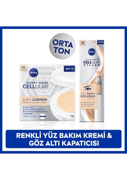 SPF15 Cellular Expert Finish Cushion Renkli Yüz Bakım Kremi 15ML ve Göz Bakım Kremi 15ML, Orta Ton