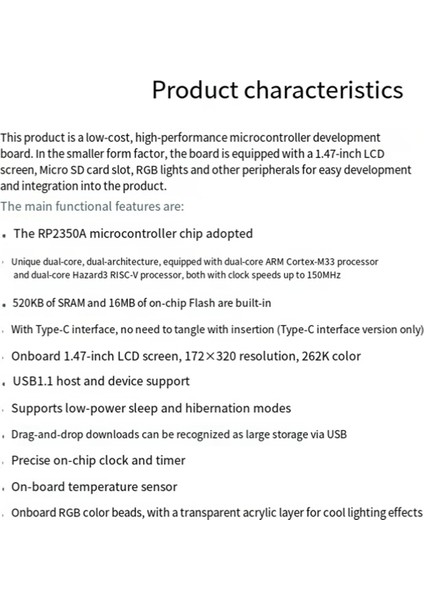 RP2350 1.47 Inç LCD Geliştirme Kartı Arm CORTEX-M33 Rgb Lamba Boncukları 172X320 16MB Flaş Lcd-1.47 Type-C A (Yurt Dışından) fiyatları