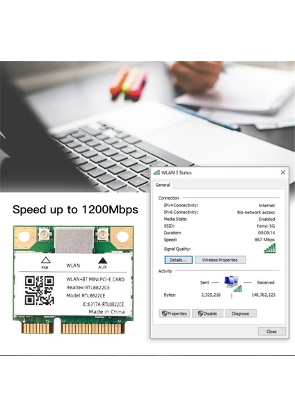 Çift Bant Mini Pcie RTL8822CE 1200MBPS Wifi Kartı Bluetooth 5.1 Kablosuz Adaptörü 802.11AC Dizüstü/pc Için Wind 10/11 (Yurt Dışından) modelleri