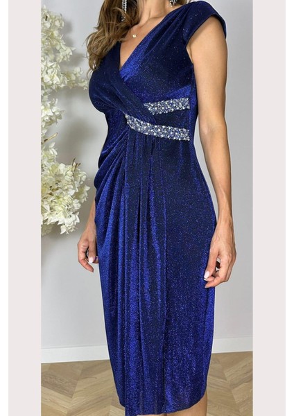 G1510 Kruvaze Yaka Taş Detaylı Simli Abiye Elbise Lacivert fırsatları