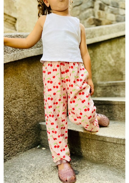Kiraz Desenli Cepli Kız Çocuk Pantolon