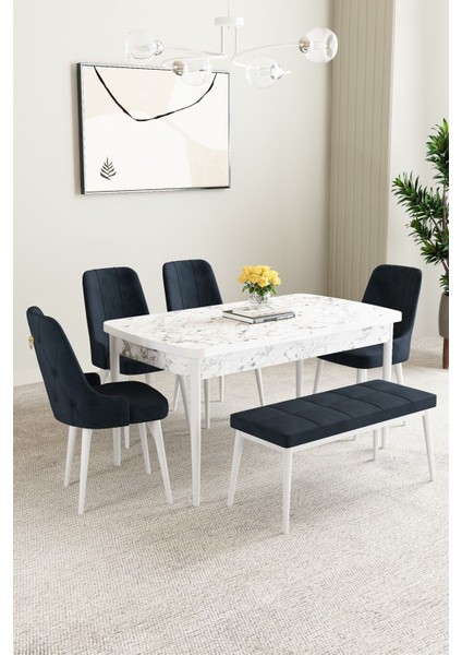 Clara Beyaz Mermer 80X132 Açılabilir Mdf Masa Yemek Odası Takımı,mutfak Takımı 4 Sandalye 1 Bench