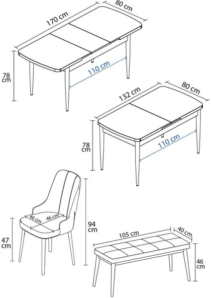 Clara Beyaz Mermer 80X132 Açılabilir Mdf Masa Yemek Odası Takımı,mutfak Takımı 4 Sandalye 1 Bench indirimleri