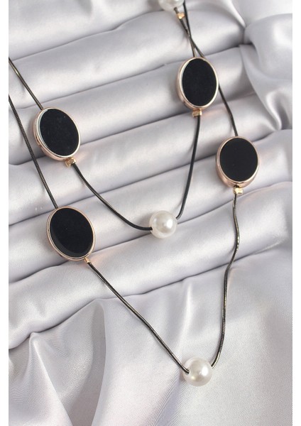 Pirinç Siyah Renk Zincir İnci Detaylı Çoklu Kadın Kolye