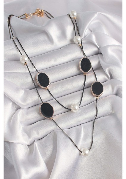 Pirinç Siyah Renk Zincir İnci Detaylı Çoklu Kadın Kolye fiyatları