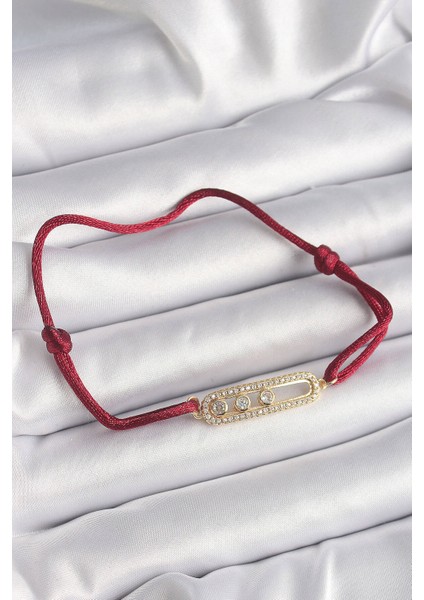 Kırmızı İpli Asansörlü Zirkon Taşlı Gold Messika Model Kadın Bileklik
