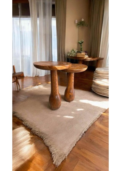 Masif Ahşap Yan Sehpa Seti – 2’li Açık Ceviz Renk Doğal Zigon ve Fiskos