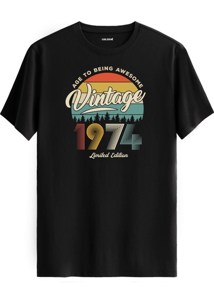 Vintage Tişört Nostalji 1974 Doğum Tarihli Bisiklet Yaka Basic Tişört Vintage Tasarım Tişört