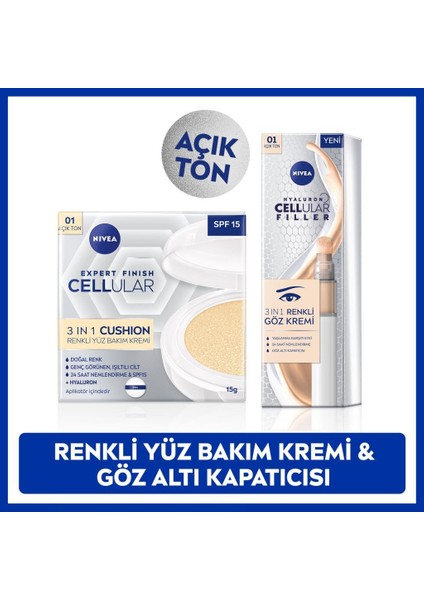 SPF15 Cellular Expert Finish Cushion Renkli Yüz Bakım Kremi 15ML ve Göz Bakım Kremi 15ML, Açık Ton