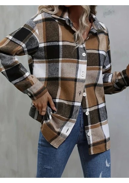 Kadın Uzun Kollu Kare Desenli Önden Düğmeli Dokuma Gömlek modelleri