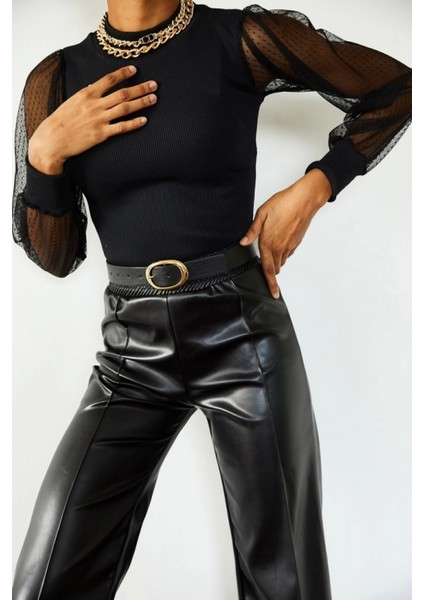 Tül Detaylı Siyah Kadın Balıkçı Kaşkorse Bluz modelleri