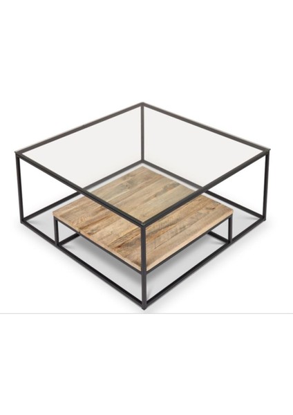 Drual Siyah Metal Cam Ahşap Orta Sehpa