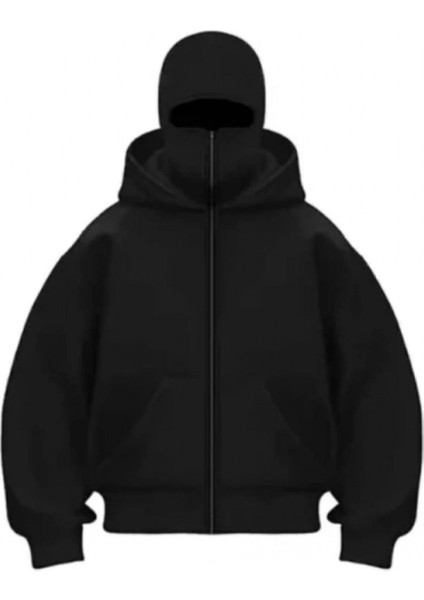 Şık Siyah Fermuarlı Kapüşonlu Sweatshirt