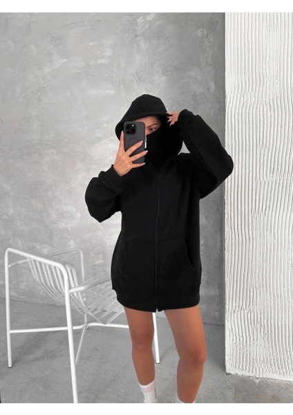 Şık Siyah Fermuarlı Kapüşonlu Sweatshirt fiyatları