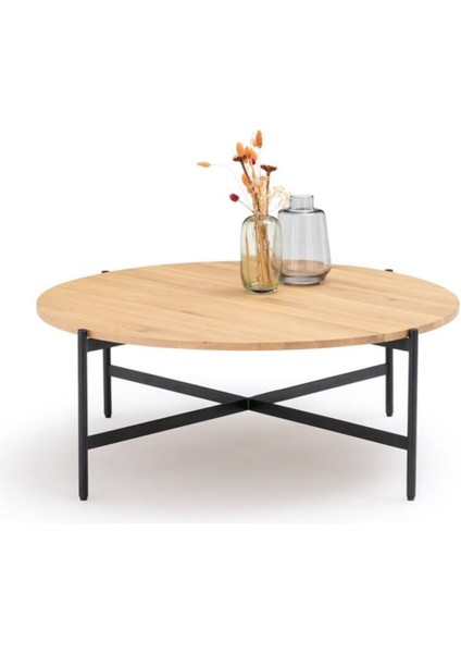 Davia Siyah Metal Ahşap Yuvarlak Orta Sehpa