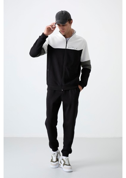 Siyah Dik Yaka Renk Geçişli İçi Polarlı Erkek Eşofman Takımı - 85186