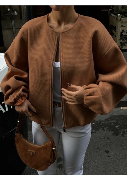 Çeket - Kaşe Kaşmir Fermuarlı, Kahve Renkli