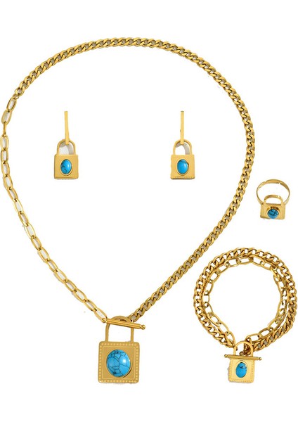 ADORE5139 Altın Kakmalı Turkuaz Kilitli Takı Seti (Yurt Dışından)