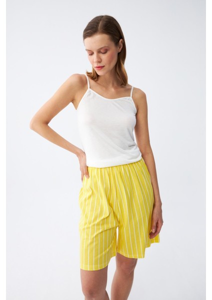 Kadın Ip Askılı Pamuk Penye Şortlu Takım Sarı 3620