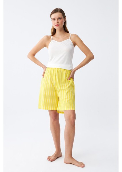 Kadın Ip Askılı Pamuk Penye Şortlu Takım Sarı 3620 modelleri