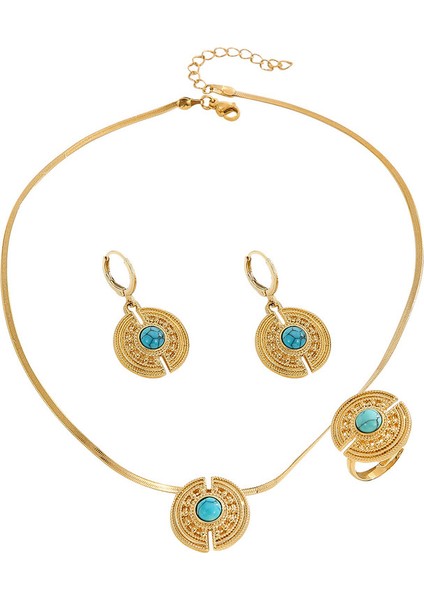 ADORE00278 Altın Vintage Tarzı Kakma Turkuaz Takı Seti (Yurt Dışından)