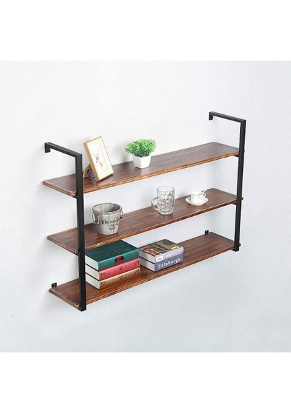 Tasnia Siyah Metal Ahşap Duvar Rafı 120CM 3 Katlı