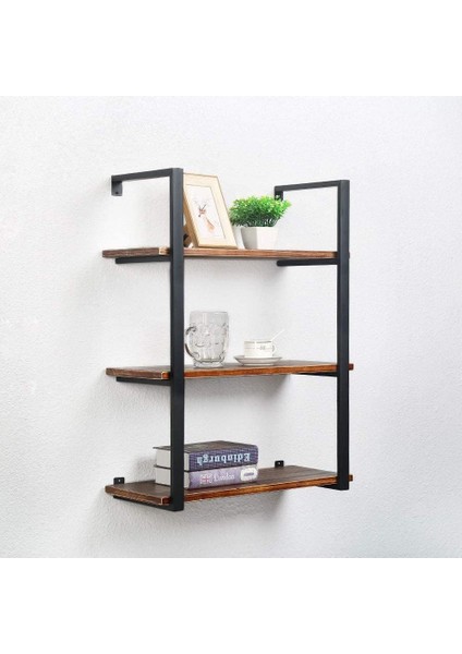 Tasnia Siyah Metal Ahşap Duvar Rafı 60CM 3 Katlı