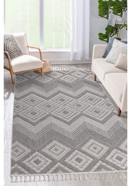 Roma Gri Krem Antrasit Yumuşak Bukleli ve Püsküllü Makine Dokuma Halı Oturma Odası Salon Mutfak Antre modelleri