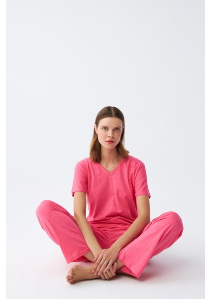 Kadın Kısa Kol Pamuk Penye Pijama Takım Fuşya 4213
