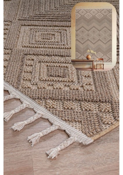 Roma Bej Kahve Yumuşak Bukleli ve Püsküllü Makine Dokuma Halı Oturma Odası Salon Mutfak Antre