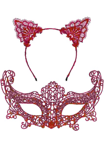 Romantik Kırmızı Dantel Maske Seti – Kedi Kulaklı Taç ve Maske No 3 fiyatları