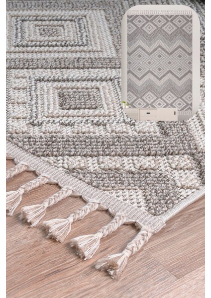 Roma Gri Krem Antrasit Yumuşak Bukleli ve Püsküllü Makine Dokuma Halı Oturma Odası Salon Mutfak Antre