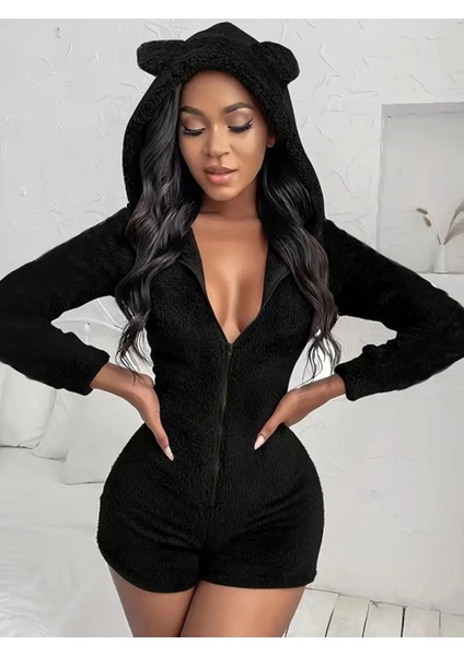 Yumuşak Peluş Kapişonlu Kadın Şort Tulum