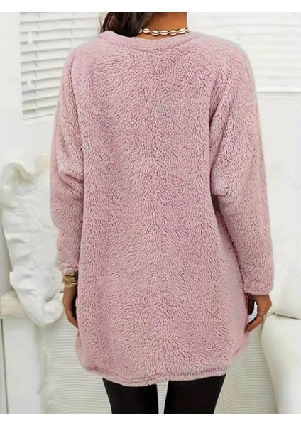 Peluş Bluz - Kadın Uzun Kollu Yuvarlak Yakalı Cepli