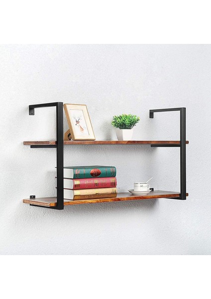 Tasnia Siyah Metal Ahşap Duvar Rafı 90CM 2 Katlı