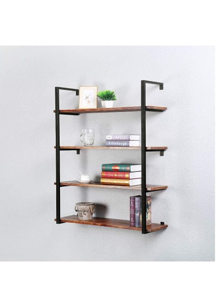 Tasnia Siyah Metal Ahşap Duvar Rafı 90CM 4 Katlı