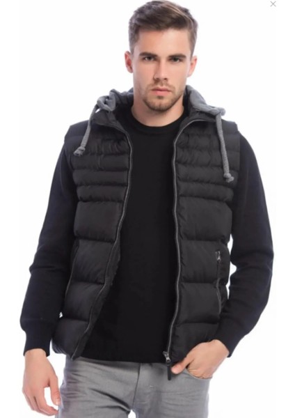 Erkek Siyah Çıkarılabilir Kapüşonlu Şişme Yelek 4300