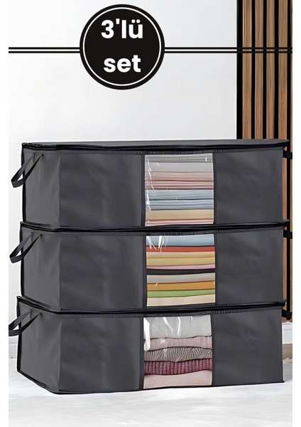 3’lü Baza Hurcu Seti Antrasit, Yatak Kanepe Altı Yastık Kıyafet Çamaşır Düzenleyici (64X45CM) 3 Adet