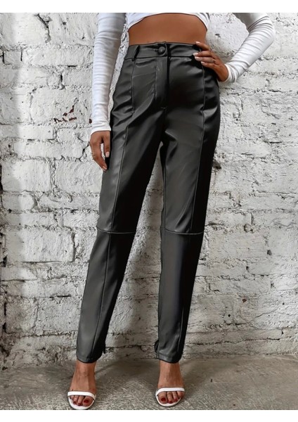 Kadın Yüksek Bel Önden Düğmeli Deri Pantolon