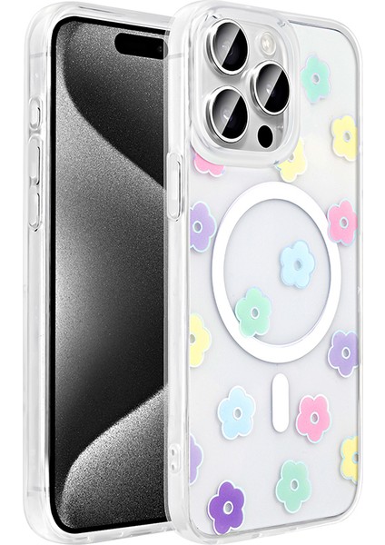 iPhone 15 Pro Max Uyumlu Kılıf Folk M-Safe Şarj Özellikli Şeffaf Desenli Papatya modelleri