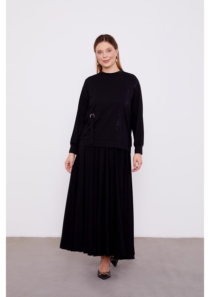 100491 Etekli Takım Önü Cep Görünümlü Kol Ucu Manşetli Omuz ve Cep Yeri Jakar Desenli Oversize Eteğin Beli Lastikli 2'li Spor Etekli Takım