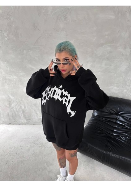 Havalı Unisex Kapşonlu Baskılı Sweatshirt - Siyah fiyatları