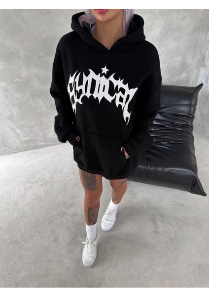 Havalı Unisex Kapşonlu Baskılı Sweatshirt - Siyah modelleri