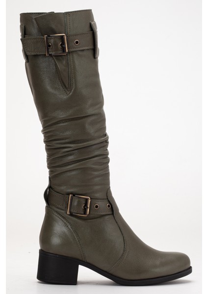 Kadın Hakiki Deri Körüklü Ayarlanabilir Tokalı Çizme - Yeşil fırsatları